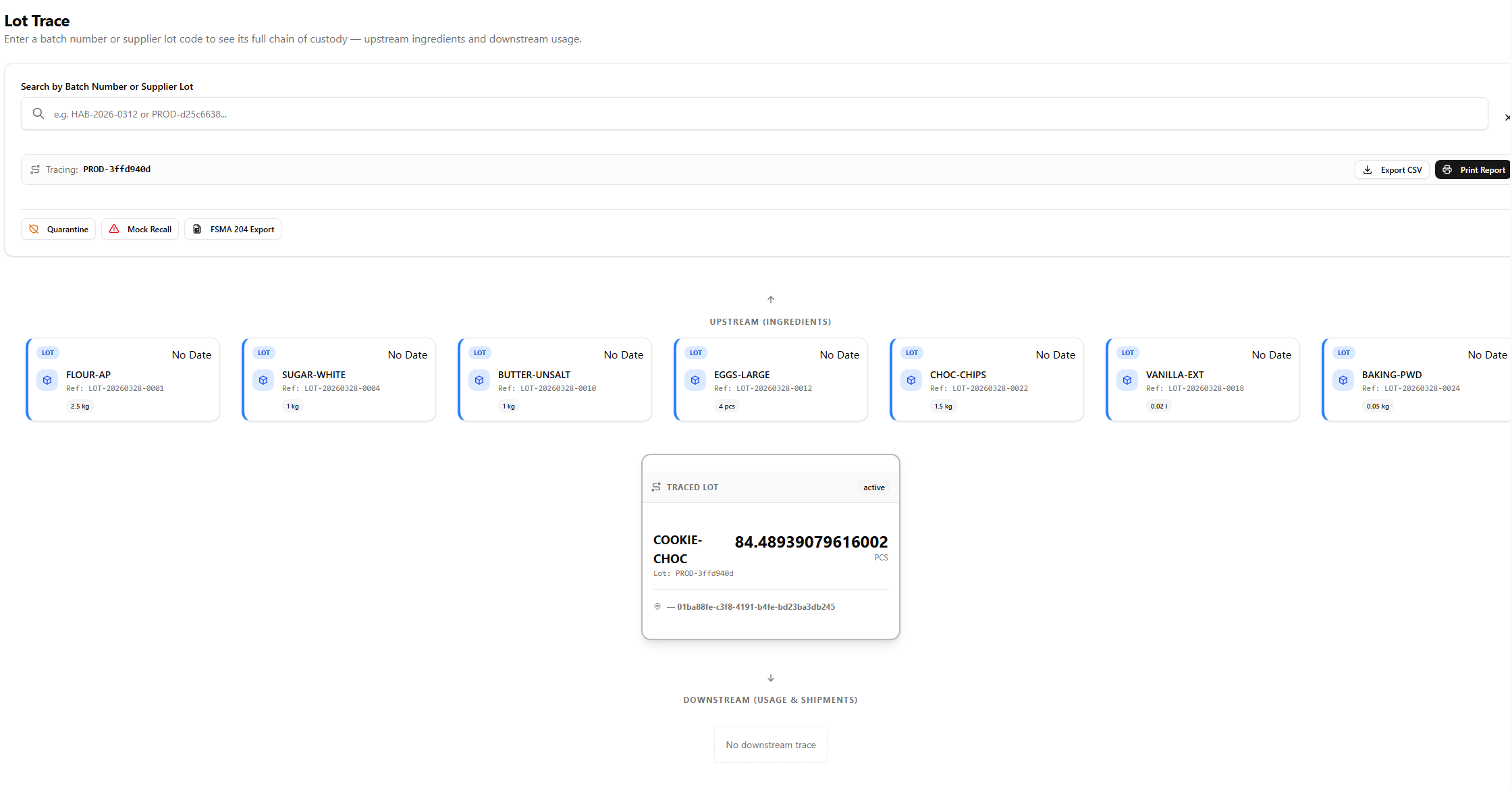 Lot trace report showing upstream ingredients and downstream shipments for a suspect lot